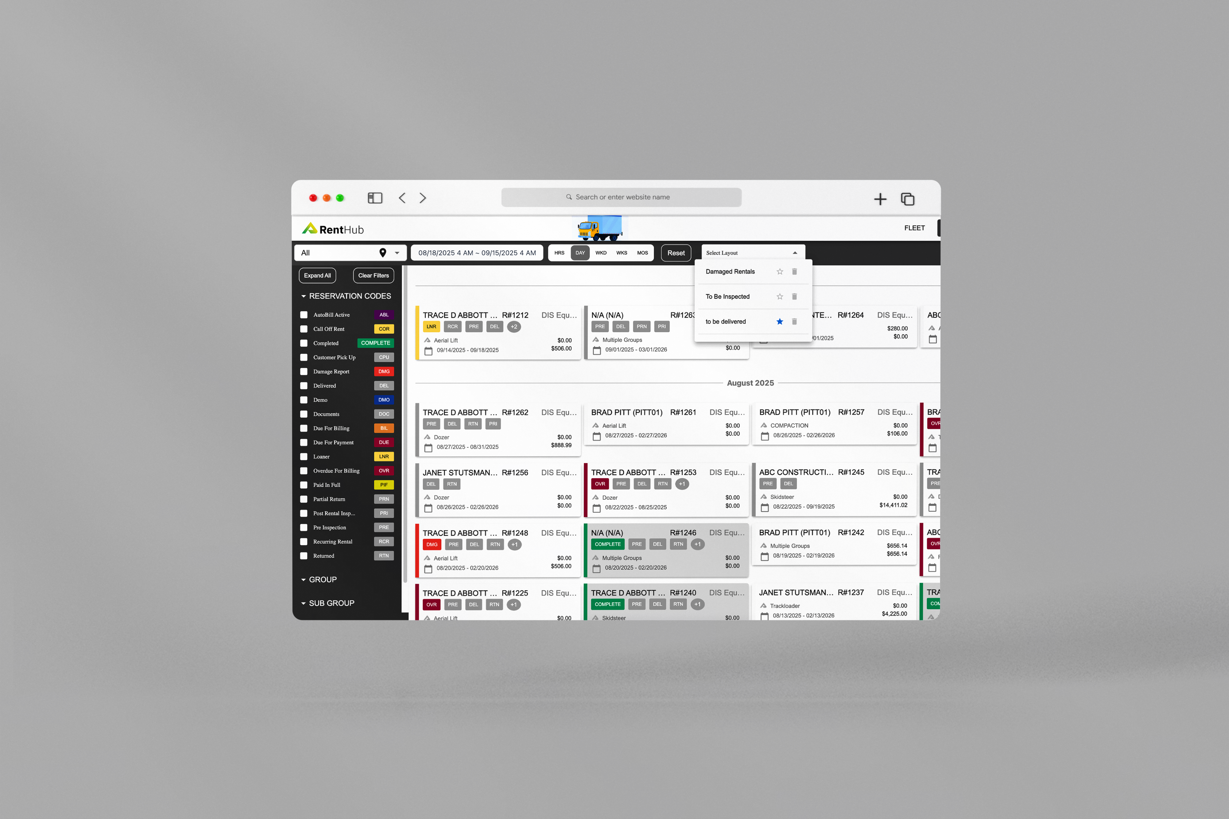 RentHub reservation selection board